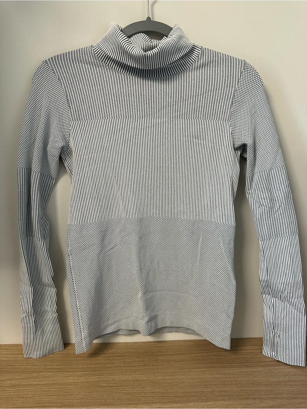 Athleta Striped Cowl Neck Sweater in Gray and White